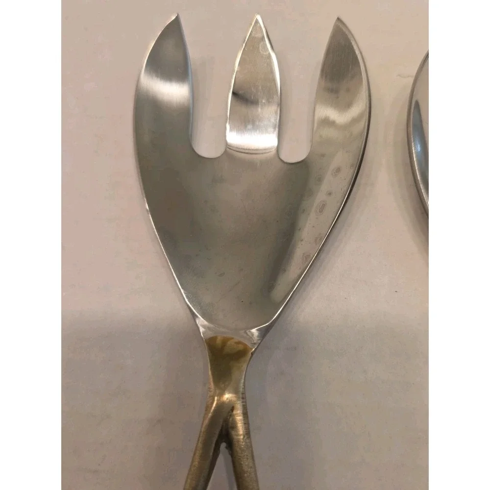 Vintage Brass Twig Salad Servers Set Stainless Steel Floral Flower Branch